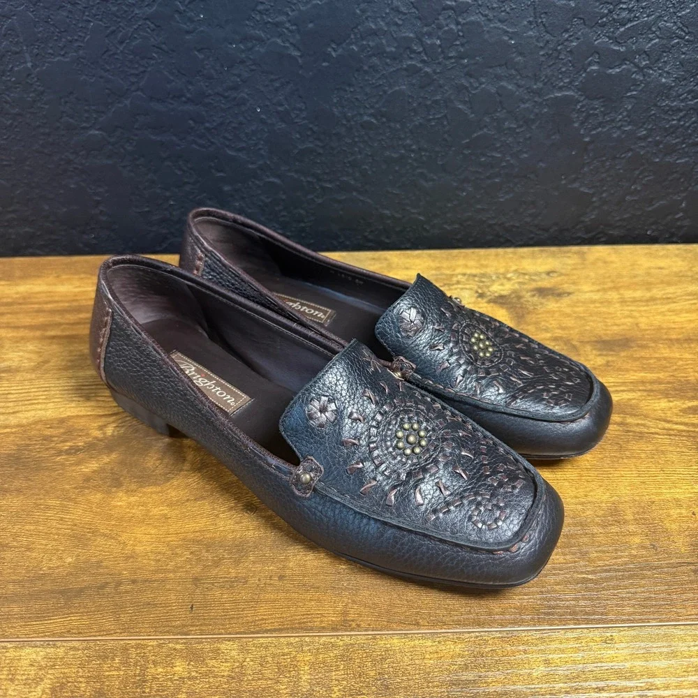 Brighton Kafka Brown Pebbled Leather Embroidered Loafers Womens 8M